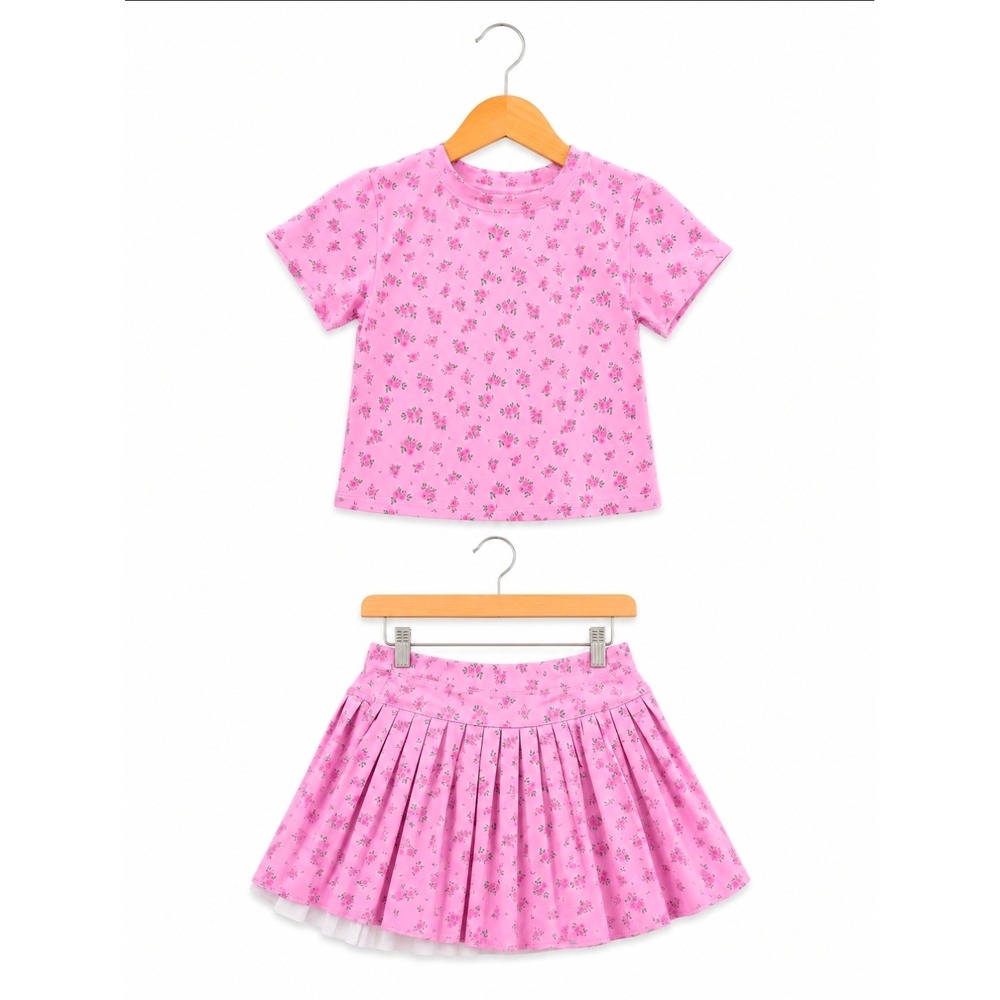 GB Girls Pink Floral 2 Piece Set Pleated Skirt and Short Sleeve Top Size Medium